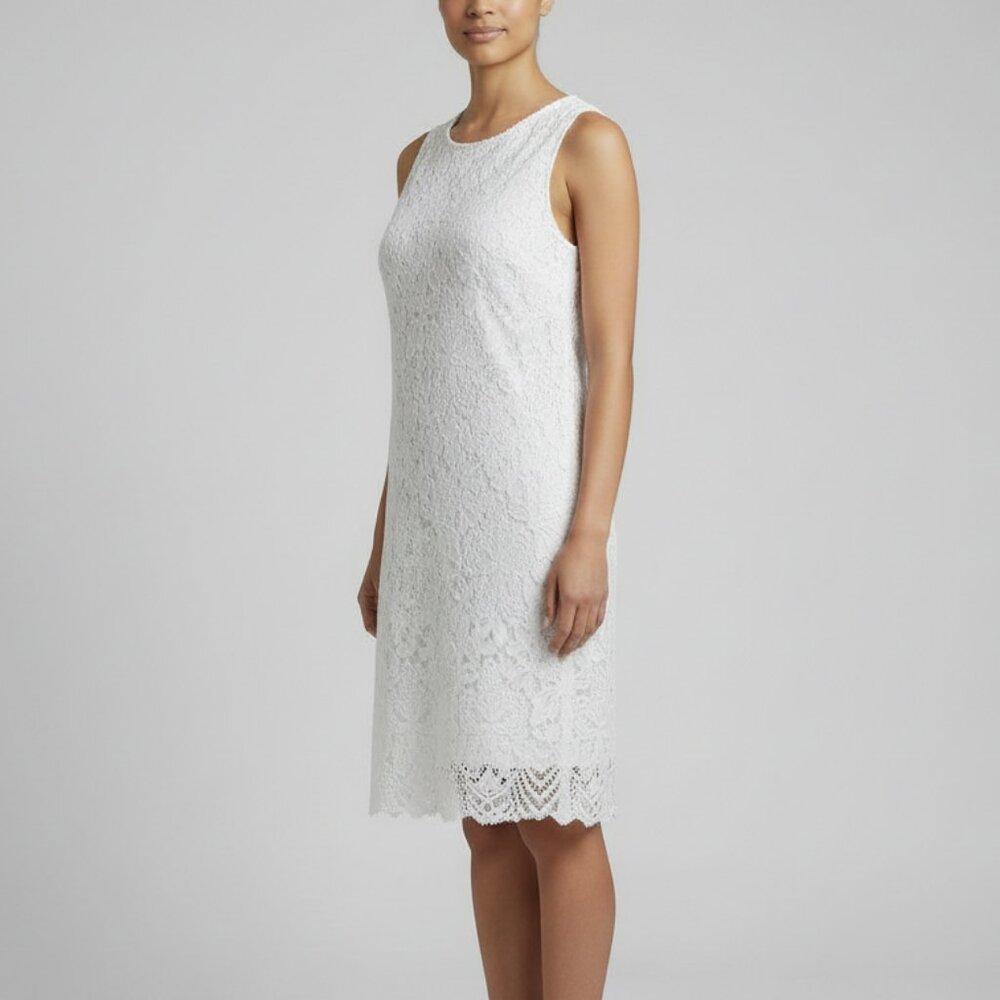 Sharagano White Floral Lace Sleeveless Midi Dress